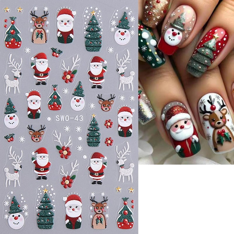 Maigitur 8Sheets Christmas Nail Art Stickers Gingerbread Nail Stickers 5D Embossed Self-Adhesive Elk Snowman Santa Xmas Tree Lantern Ball Canes Nail Decals for Women Girls Winter Holiday DIY Manicure - Image 3